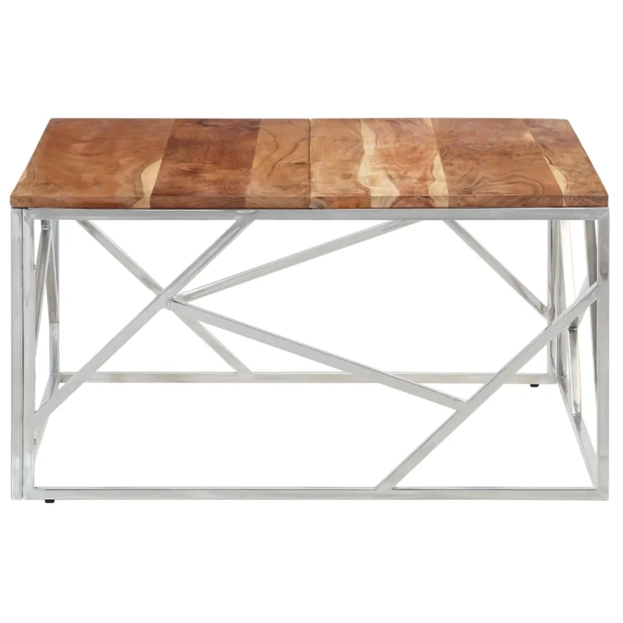 Table basse argenté acier inoxydable et bois massif d'acacia - 4