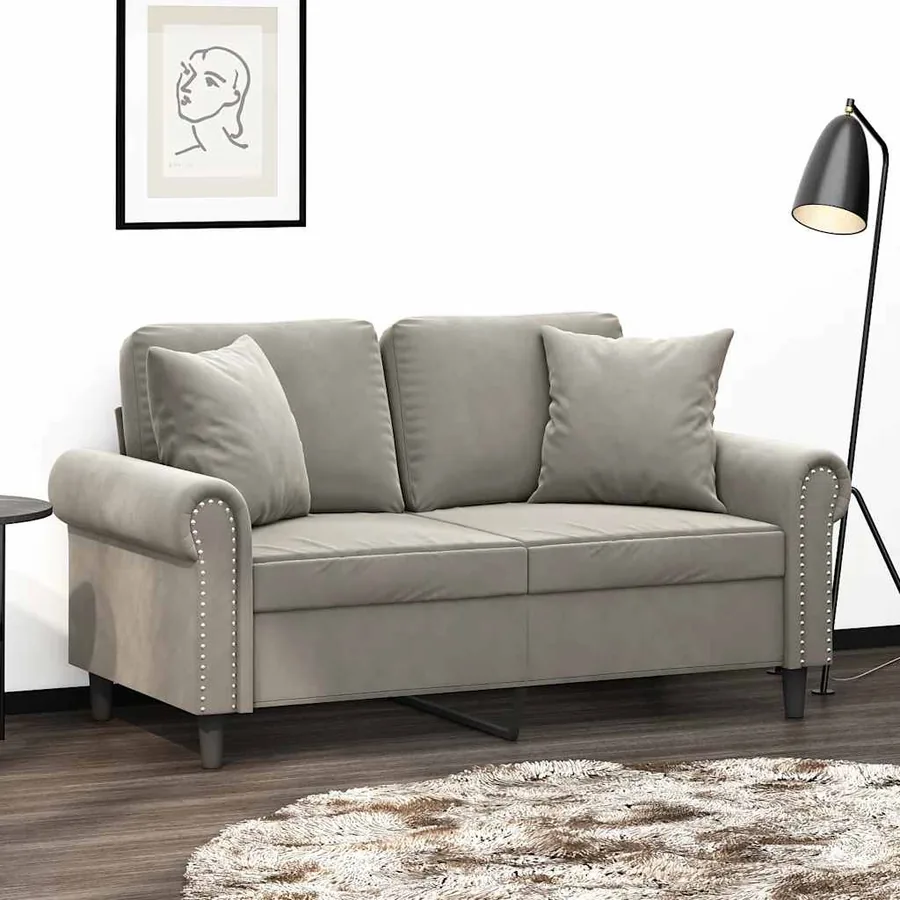 Canapé 2 places oreillers et coussins Gris clair 120 cm Velours