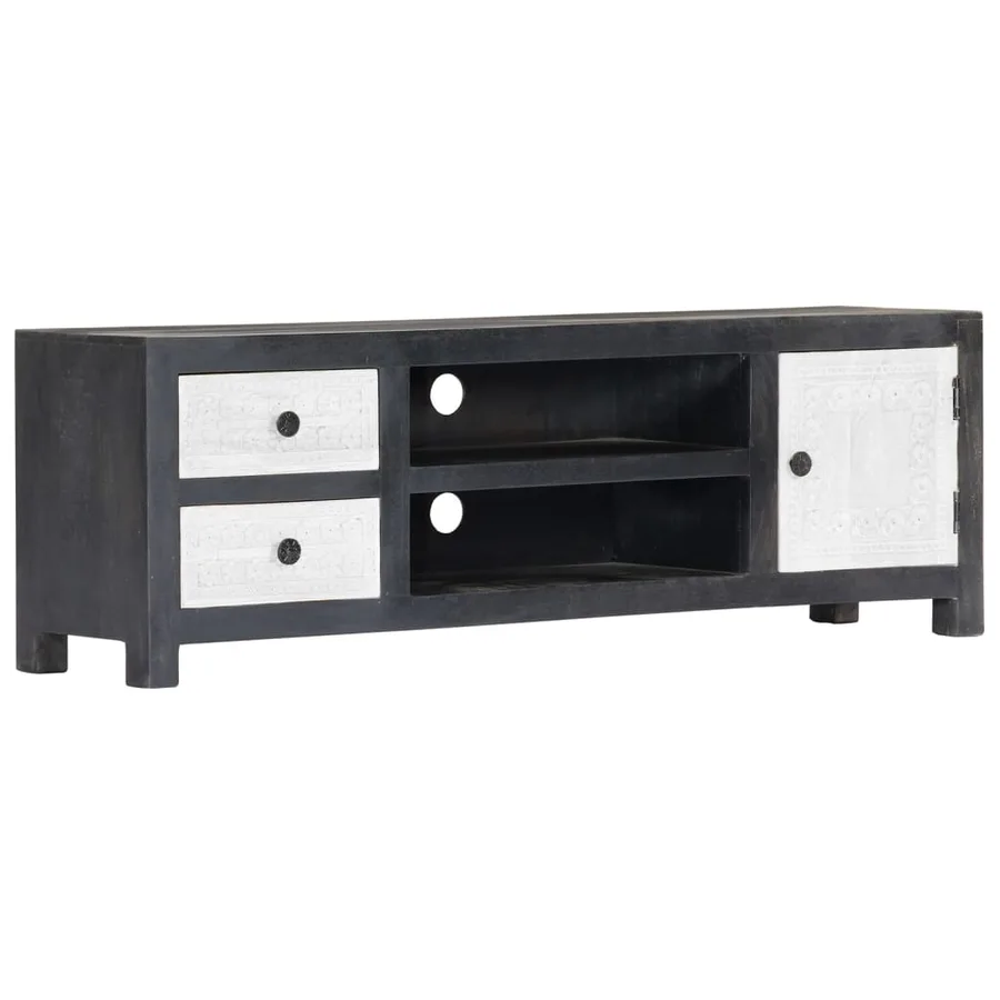 Meuble TV sculpté à la main Gris et blanc 120x30x40 cm Manguier - 13