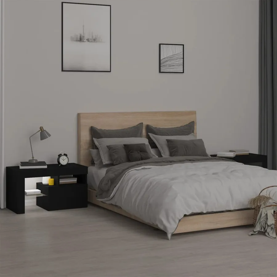 Tables de chevet 2 pcs et lumières LED Noir 70x36,5x40 cm - 4