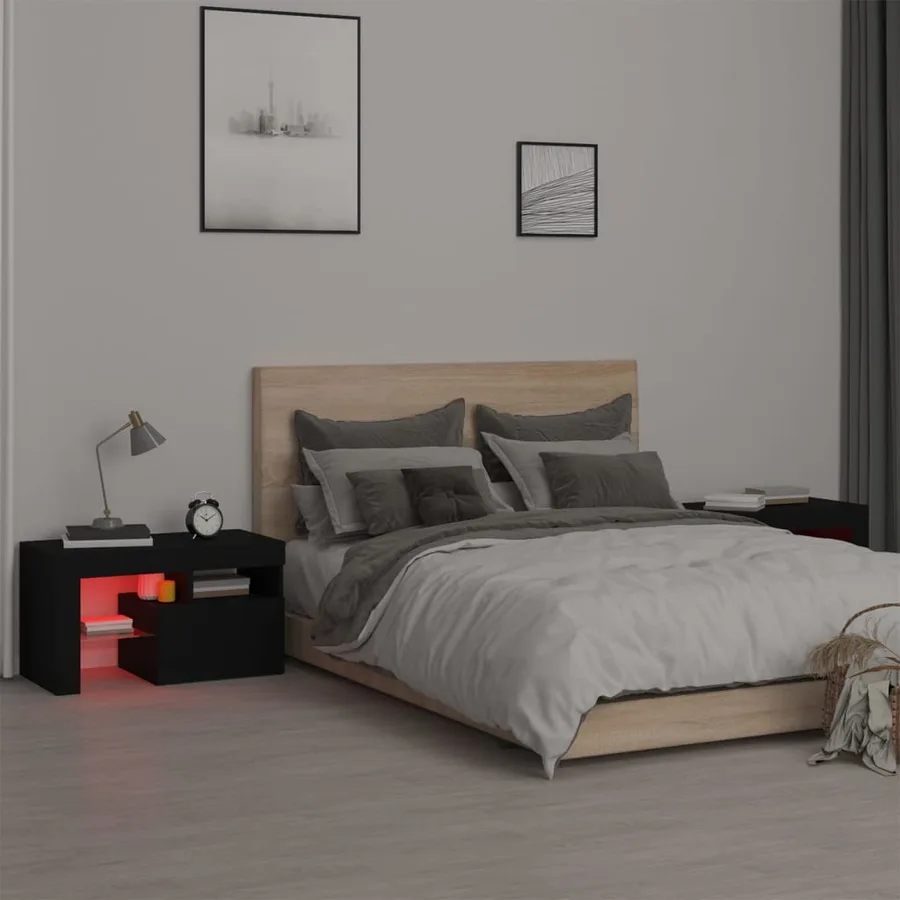 Tables de chevet 2 pcs et lumières LED Noir 70x36,5x40 cm - 6
