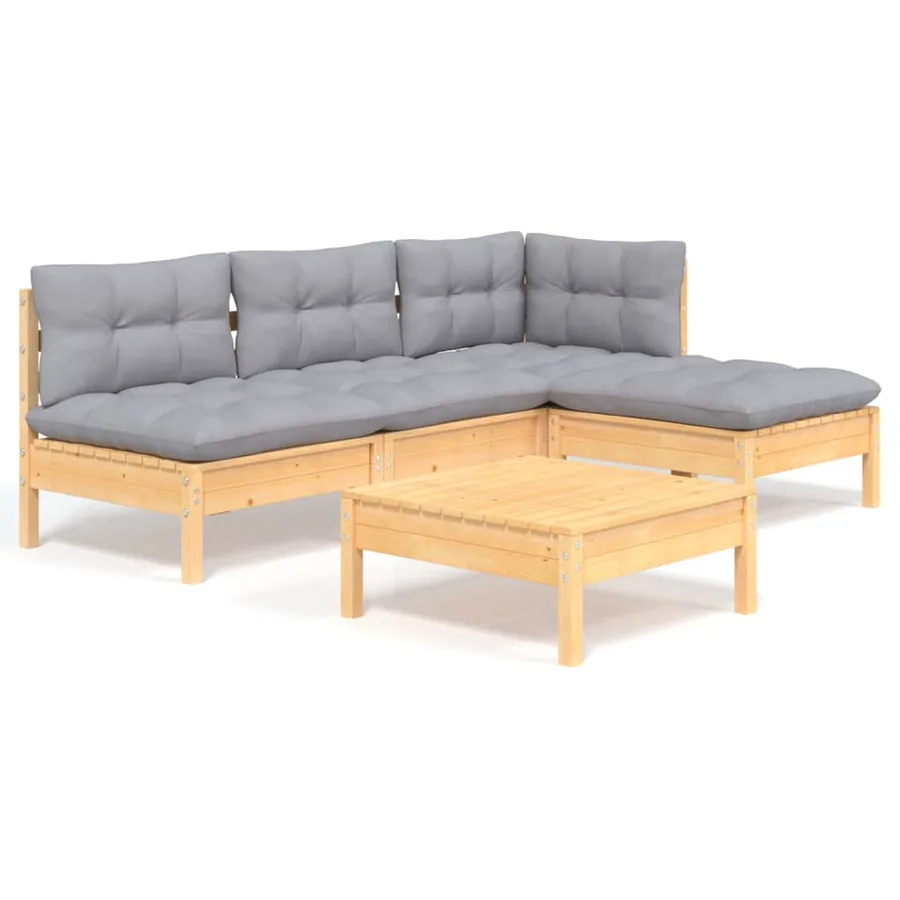 Salon de jardin 5 pcs avec coussins gris bois de pin - 2