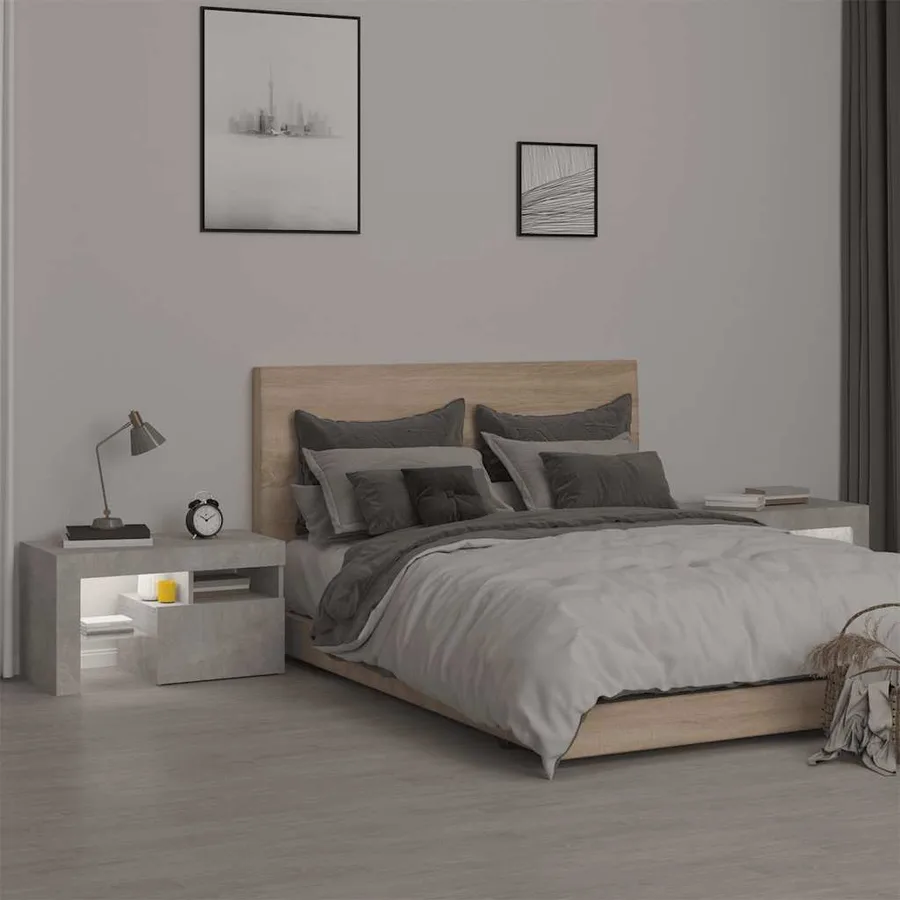 Tables de chevet 2 pcs et lumières LED Gris béton 70x36,5x40 cm - 4