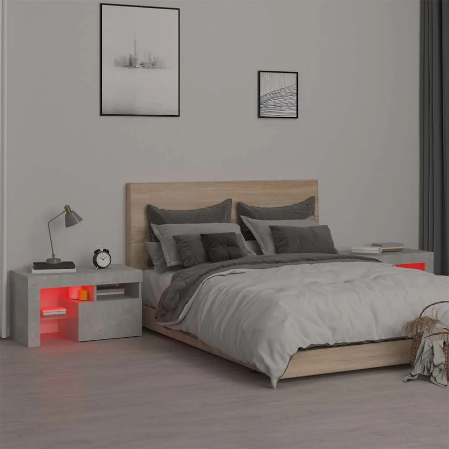 Tables de chevet 2 pcs et lumières LED Gris béton 70x36,5x40 cm - 6