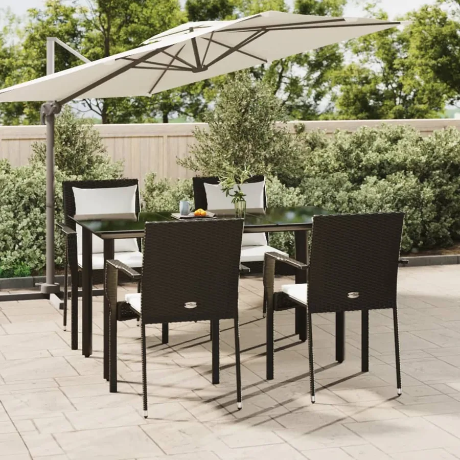 Ensemble à manger de jardin coussins 5pcs Noir Résine tressée