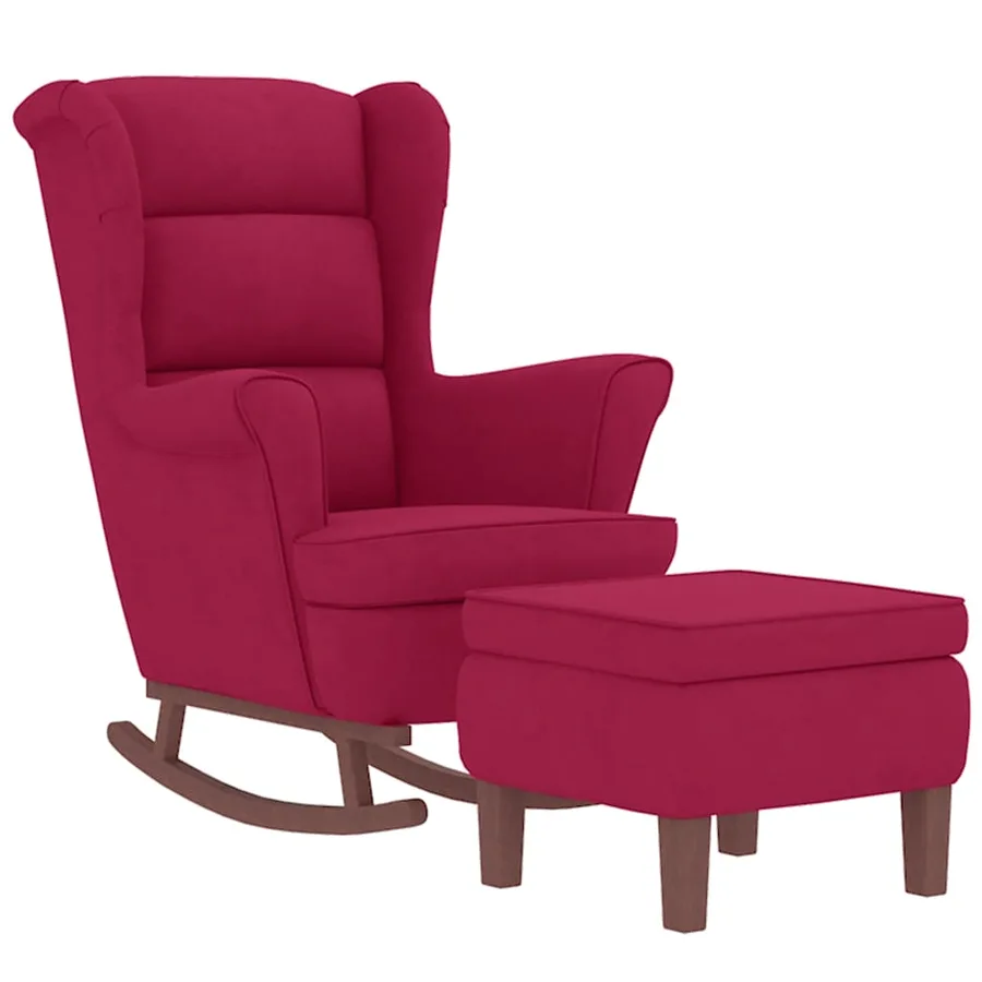 Fauteuil à bascule à oreilles en velours rouge vin bois massif - 2