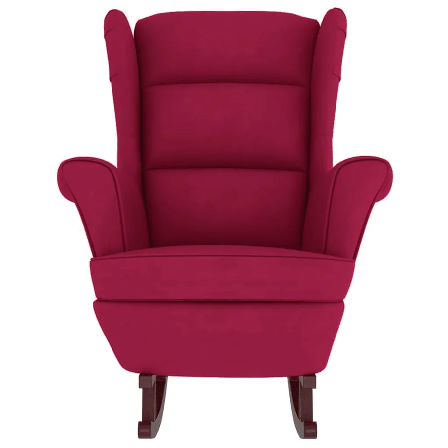 Fauteuil à bascule à oreilles en velours rouge vin bois massif - 4