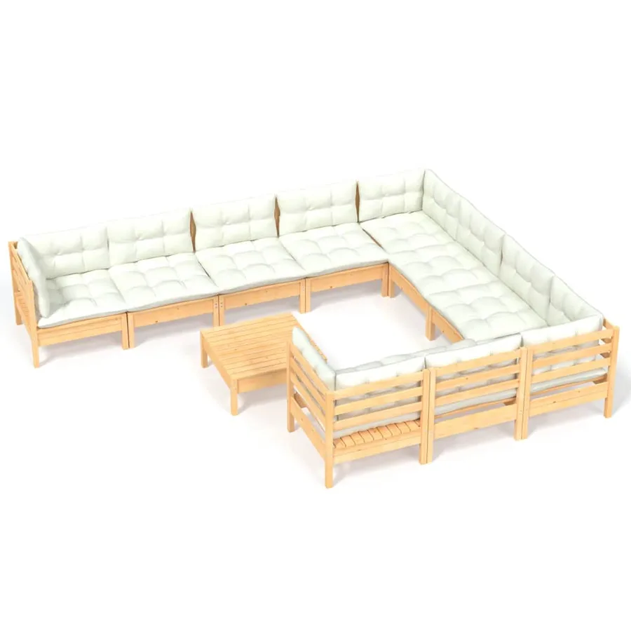 Salon de jardin 11 pcs avec coussins crème bois de pin - 2