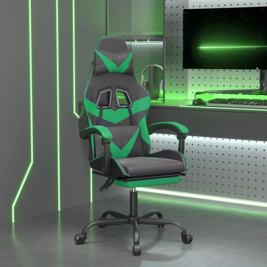 Chaise de jeu pivotante et repose-pied Noir et vert Similicuir