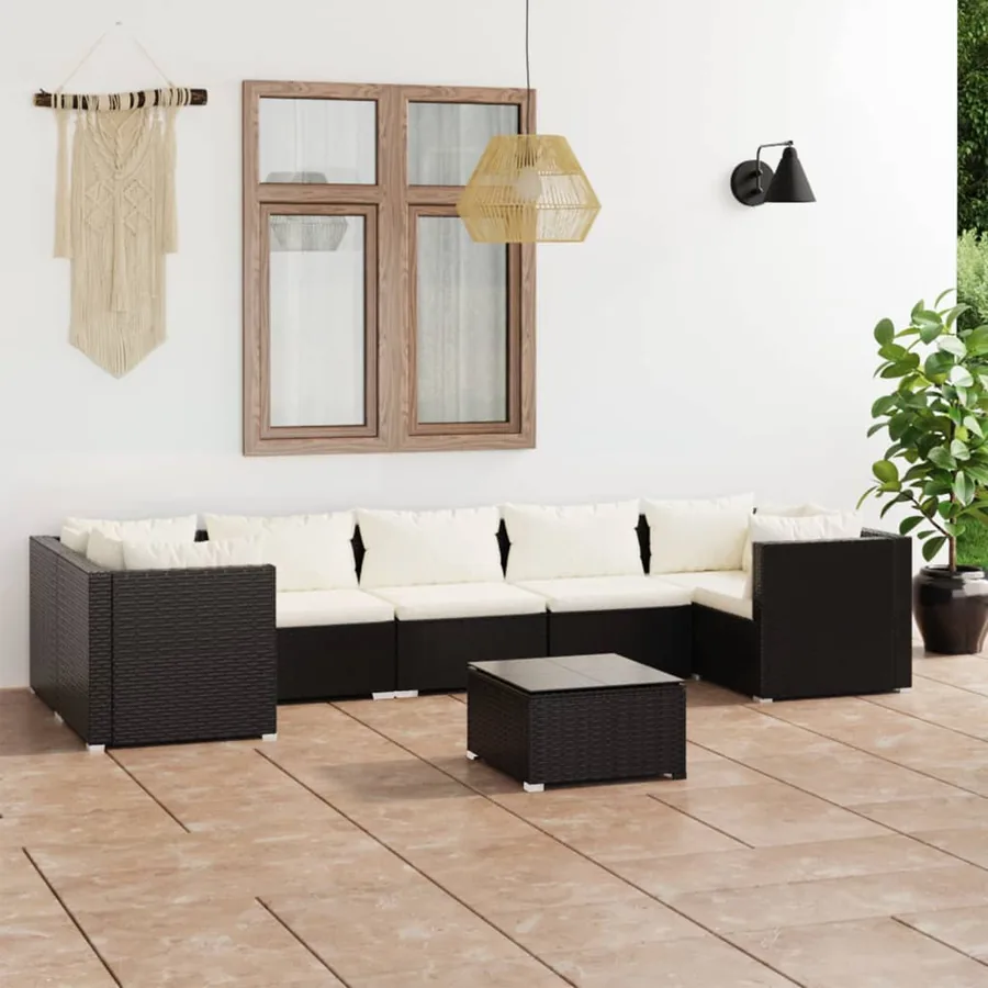 Salon de jardin 8 pcs avec coussins Résine tressée Noir