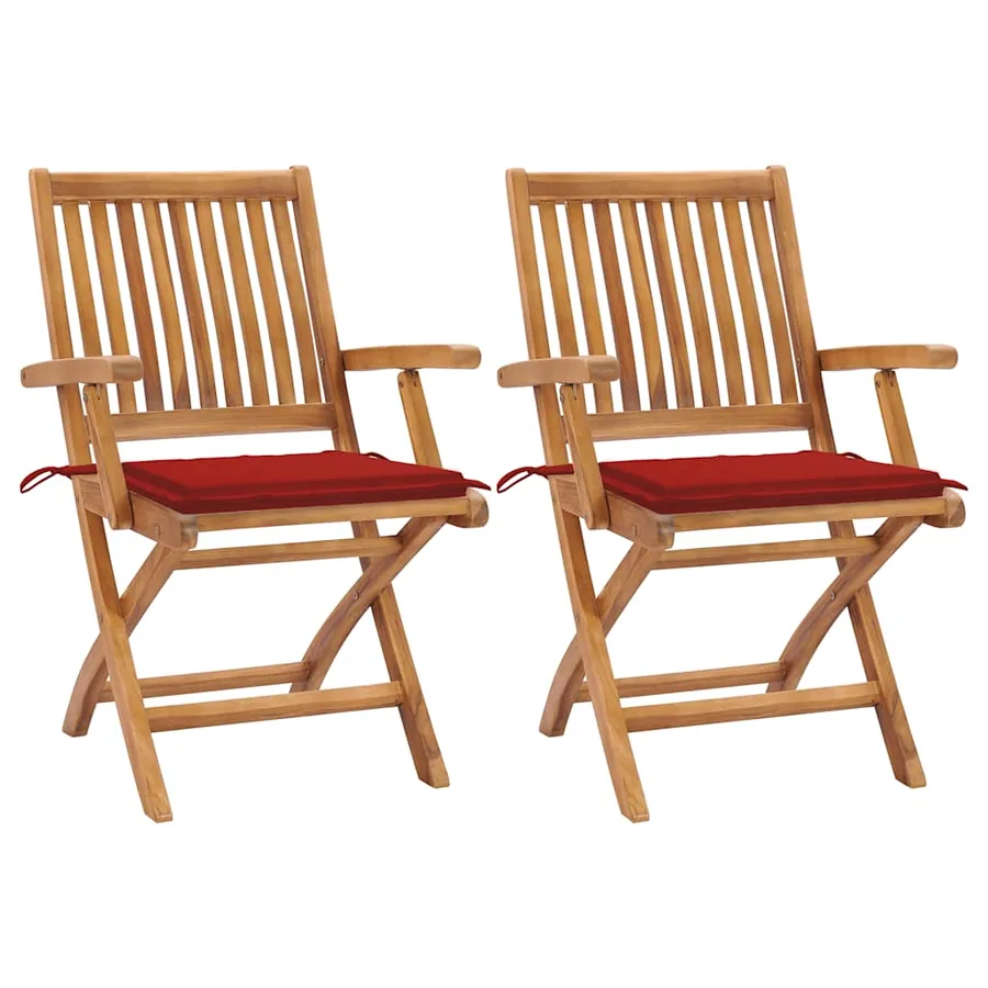 Chaises de jardin lot de 2 et coussins rouge Bois teck massif
