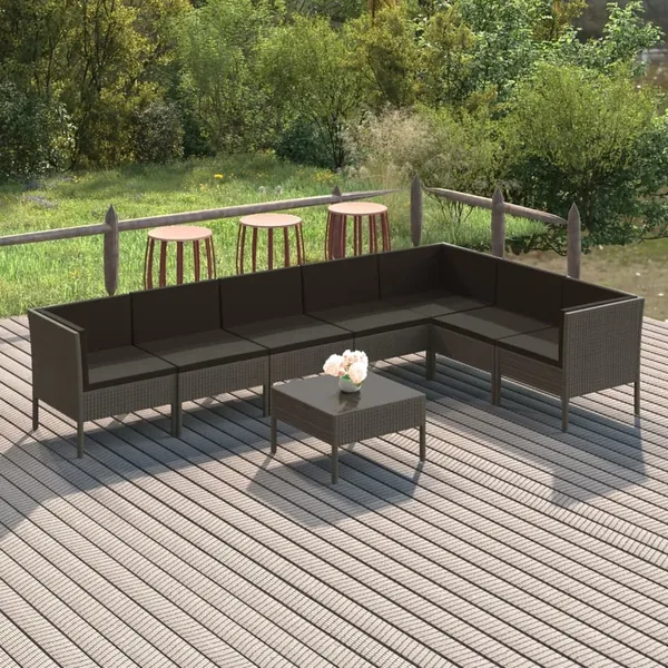 Salon de jardin 8 pcs avec coussins résine tressée gris