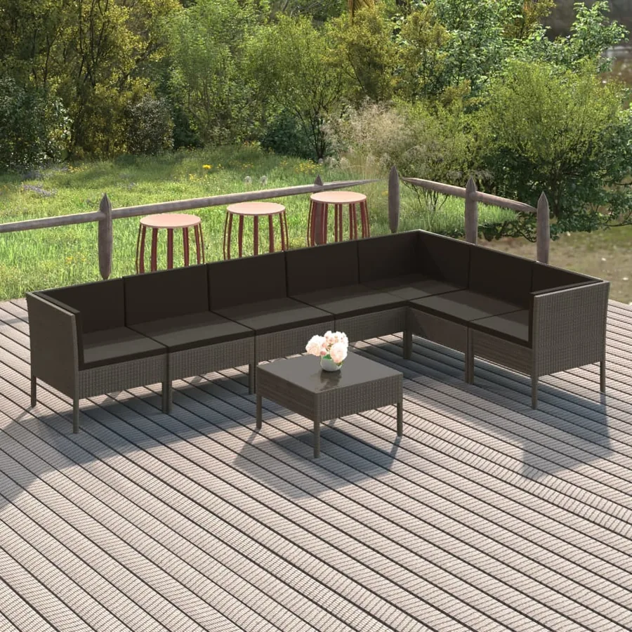 Salon de jardin 8 pcs avec coussins résine tressée gris