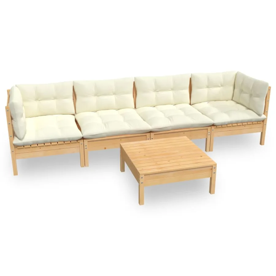 Salon de jardin 5 pcs avec coussins crème bois de pin massif - 2