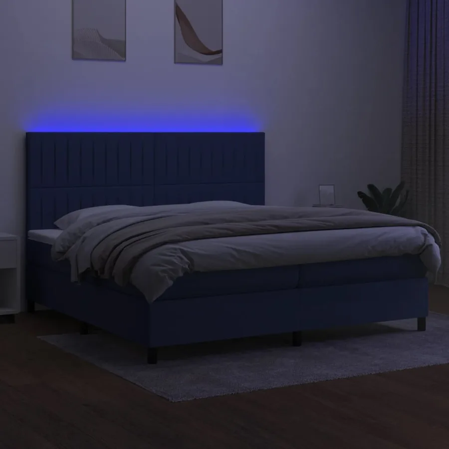 Sommier à lattes de lit et matelas et LED Bleu 200x200 cm Tissu - 4