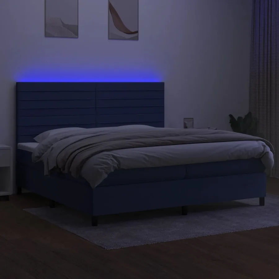 Sommier à lattes de lit et matelas et LED Bleu 200x200 cm Tissu - 4