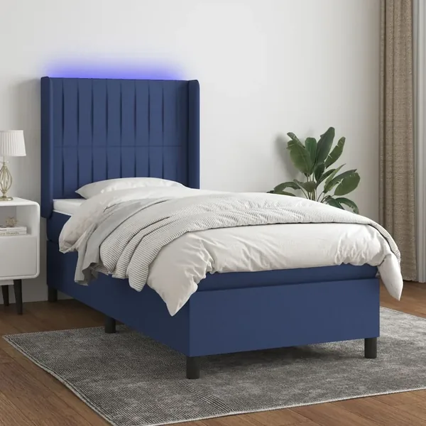 Sommier à lattes de lit matelas et LED Bleu 80x200cm Tissu