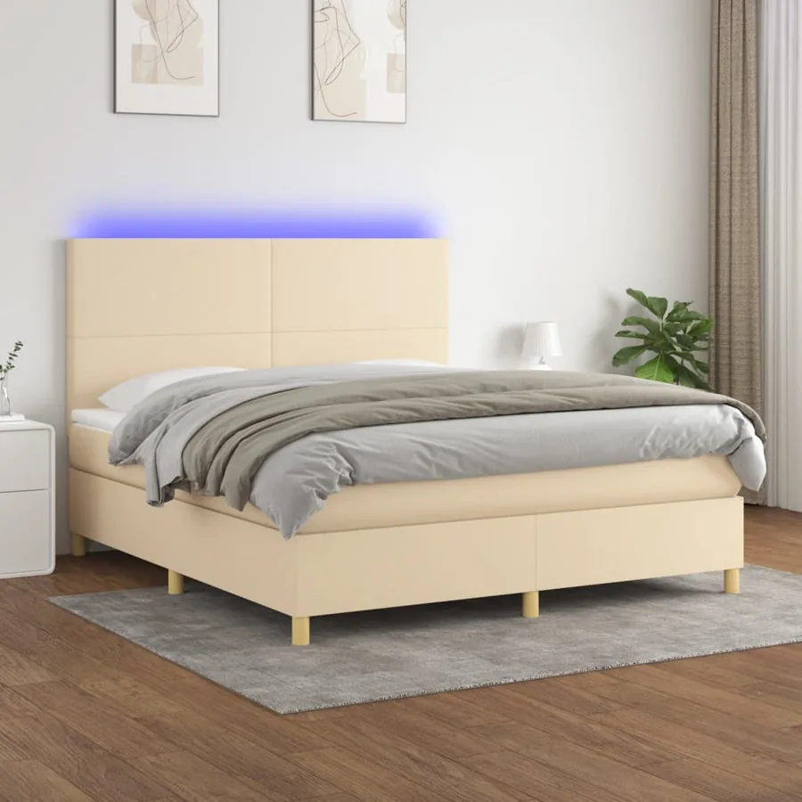 Sommier à lattes de lit et matelas et LED Crème 180x200cm Tissu