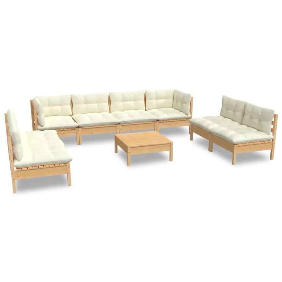 Salon de jardin 9 pcs avec coussins crème bois de pin massif - 2