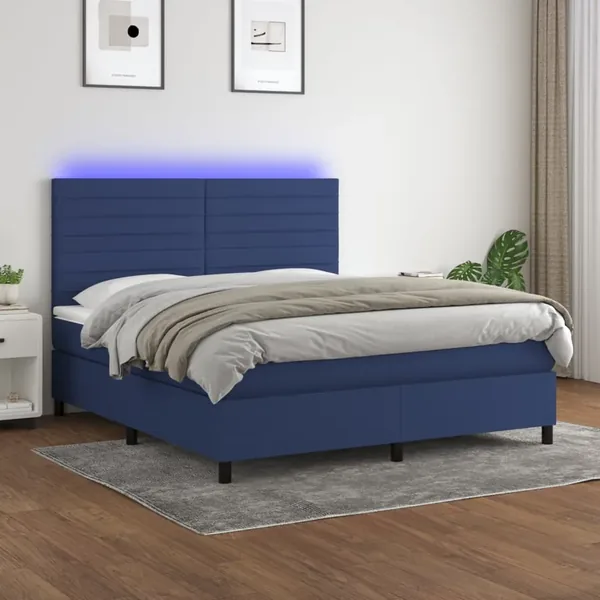 Sommier à lattes de lit et matelas et LED Bleu 180x200 cm Tissu