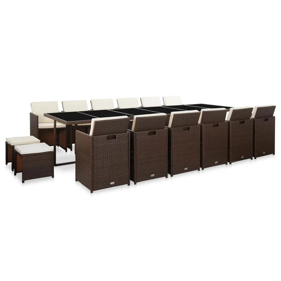 Ensemble à manger d'extérieur avec coussins 17 pcs rotin Marron