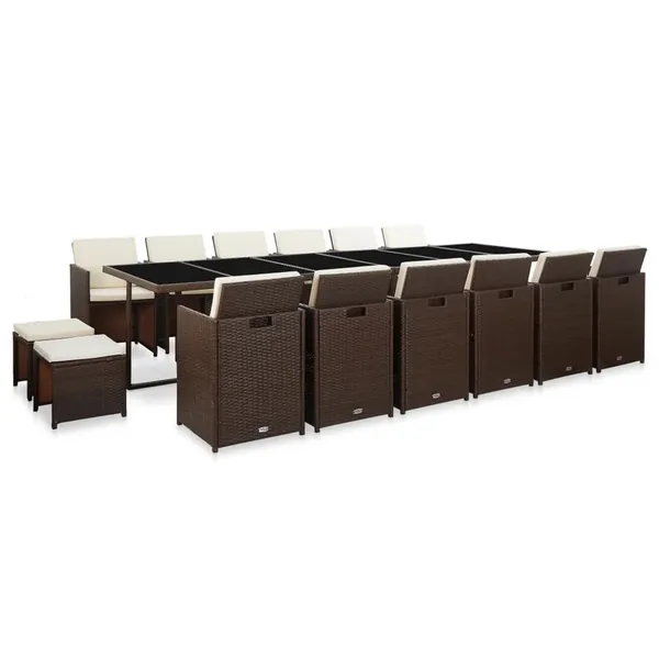 Ensemble à manger d'extérieur avec coussins 17 pcs rotin Marron