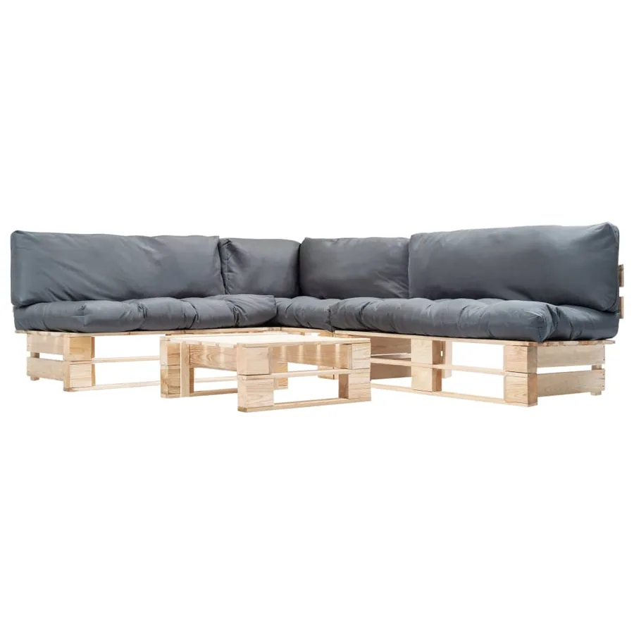 Salon de jardin palette 4 pcs avec coussins gris bois