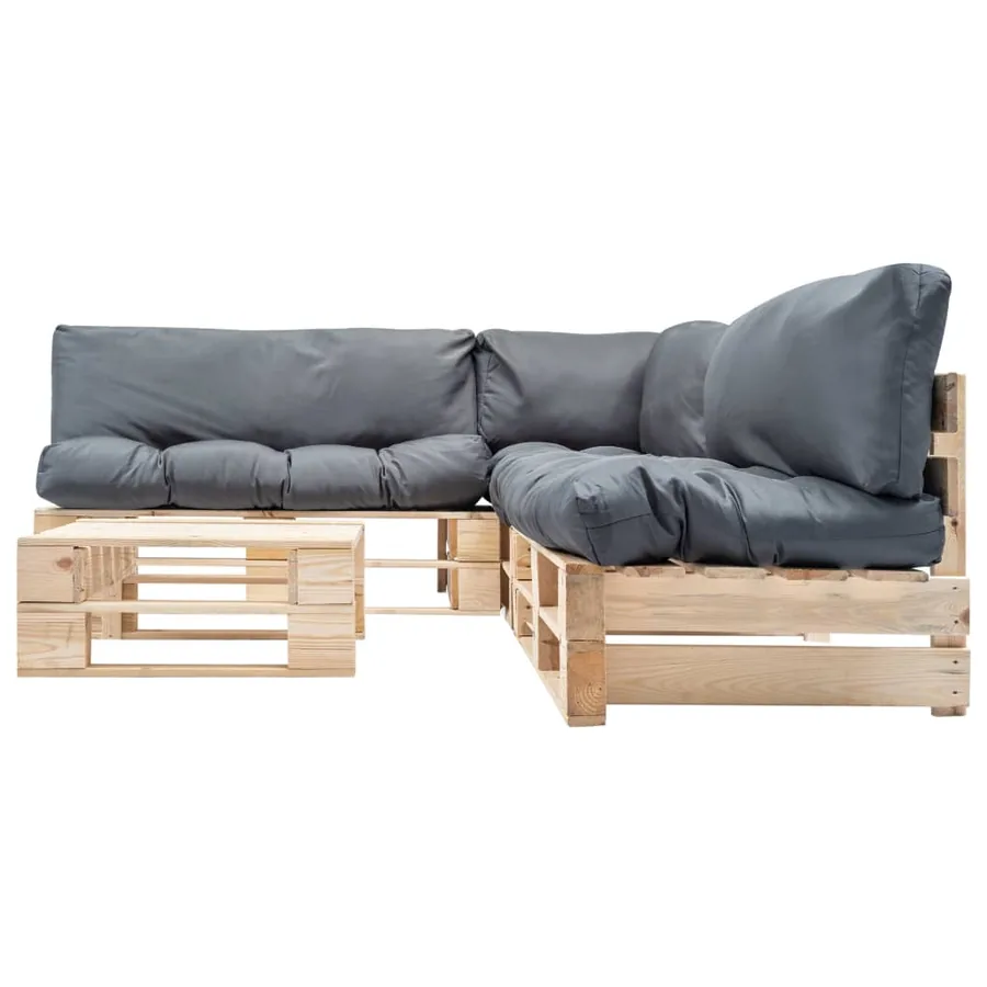 Salon de jardin palette 4 pcs avec coussins gris bois - 2