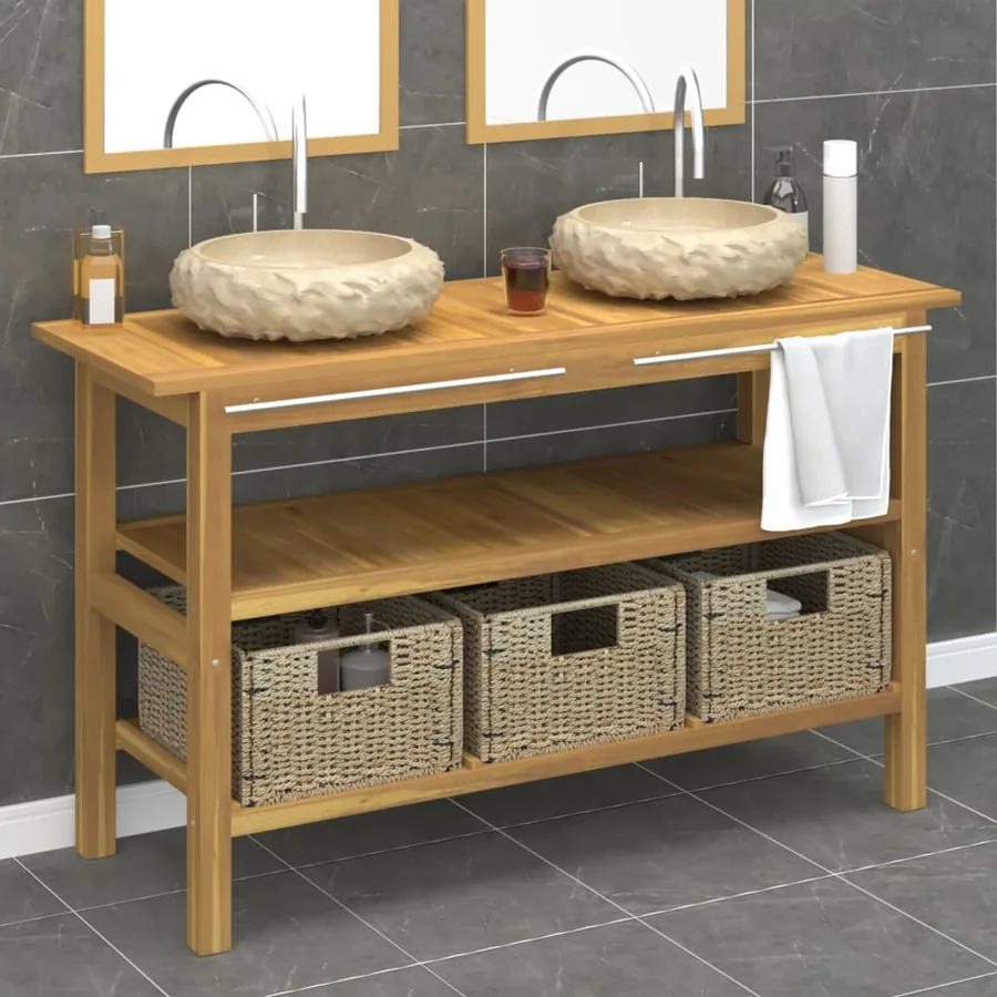 Armoire de salle de bain et lavabos en marbre crème Teck massif