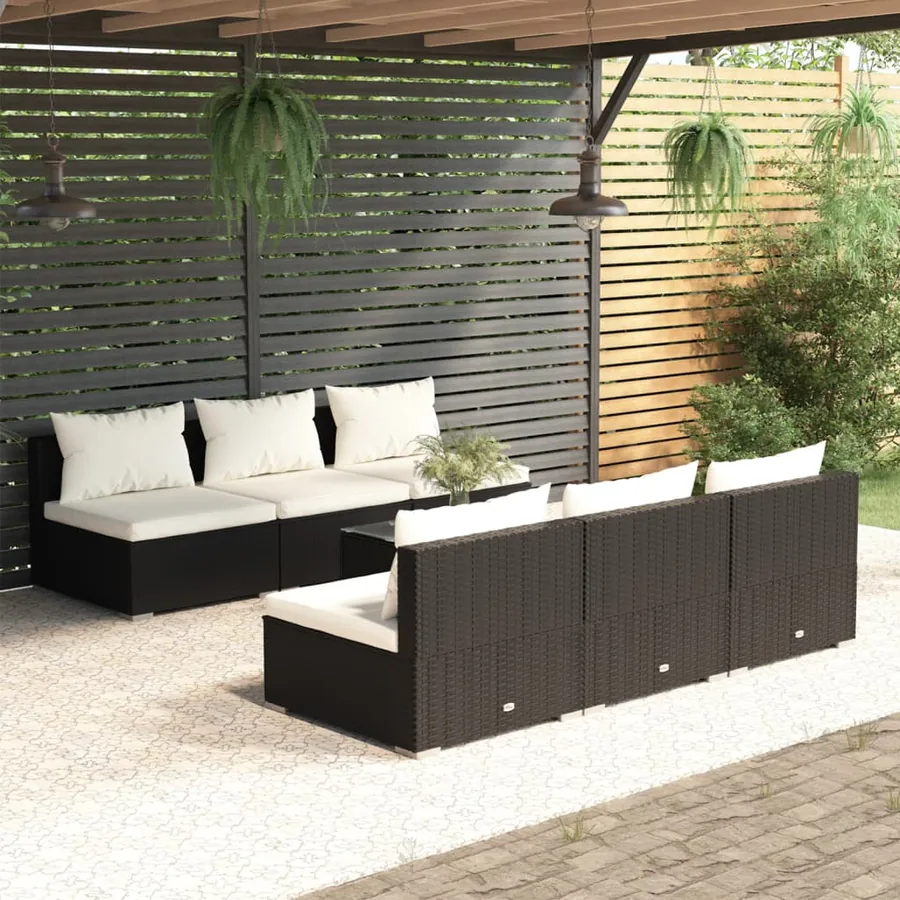 Salon de jardin 7 pcs avec coussins Résine tressée Noir