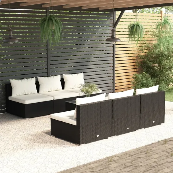Salon de jardin 7 pcs avec coussins Résine tressée Noir