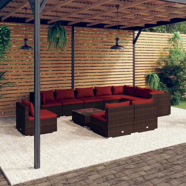 Salon de jardin 11 pcs avec coussins Résine tressée Marron