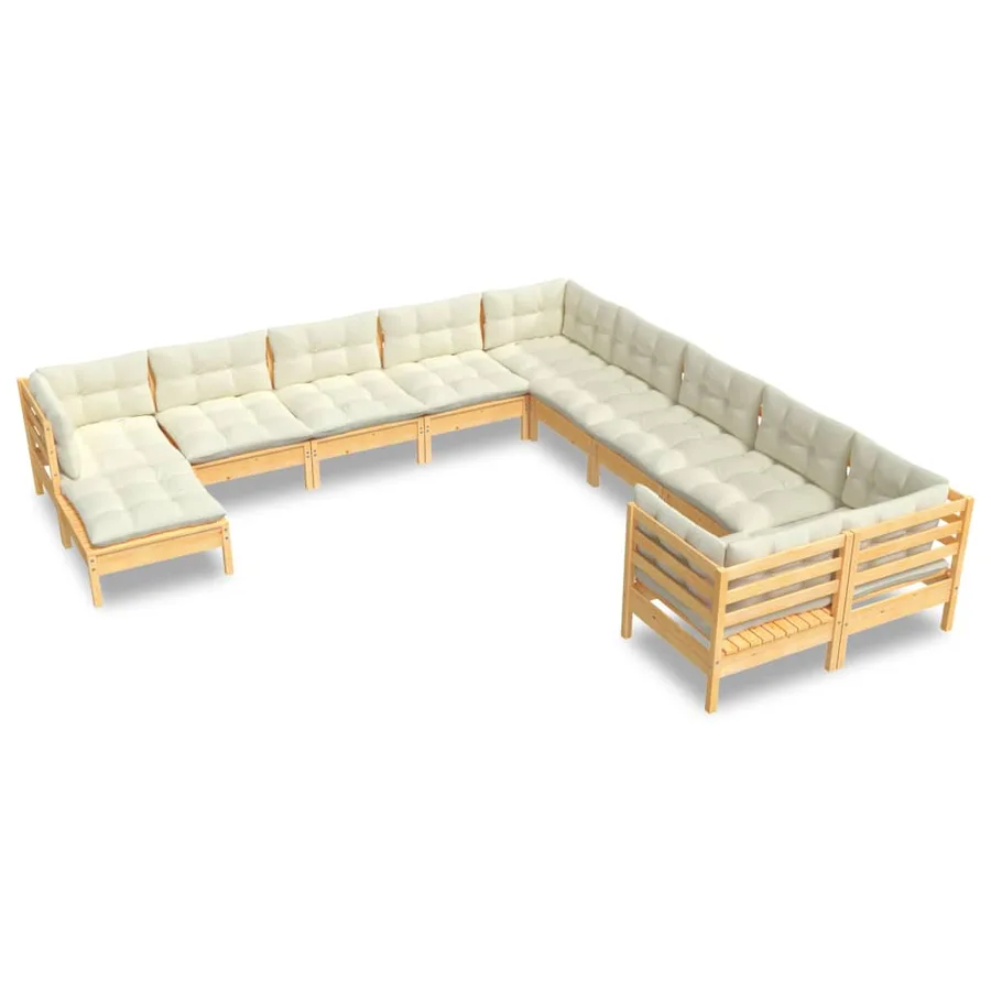 Salon de jardin 11 pcs avec coussins crème bois de pin - 2