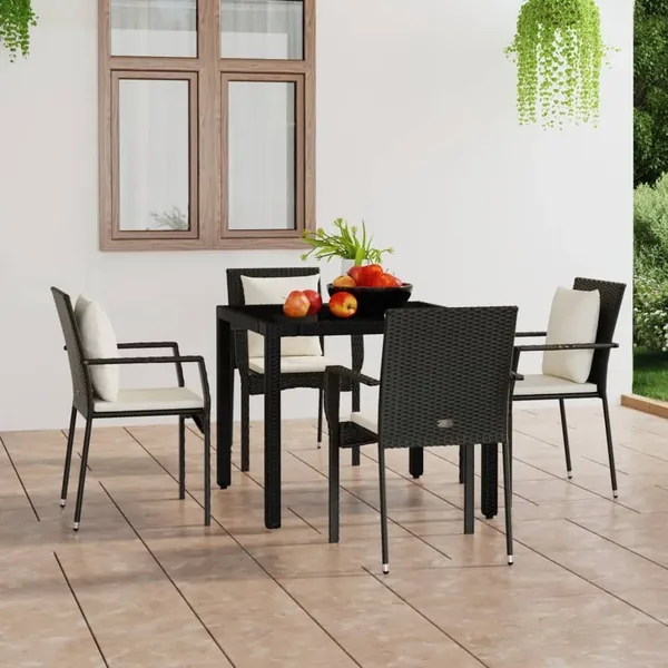 Chaises de jardin lot de 4 avec coussins Résine tressée Noir