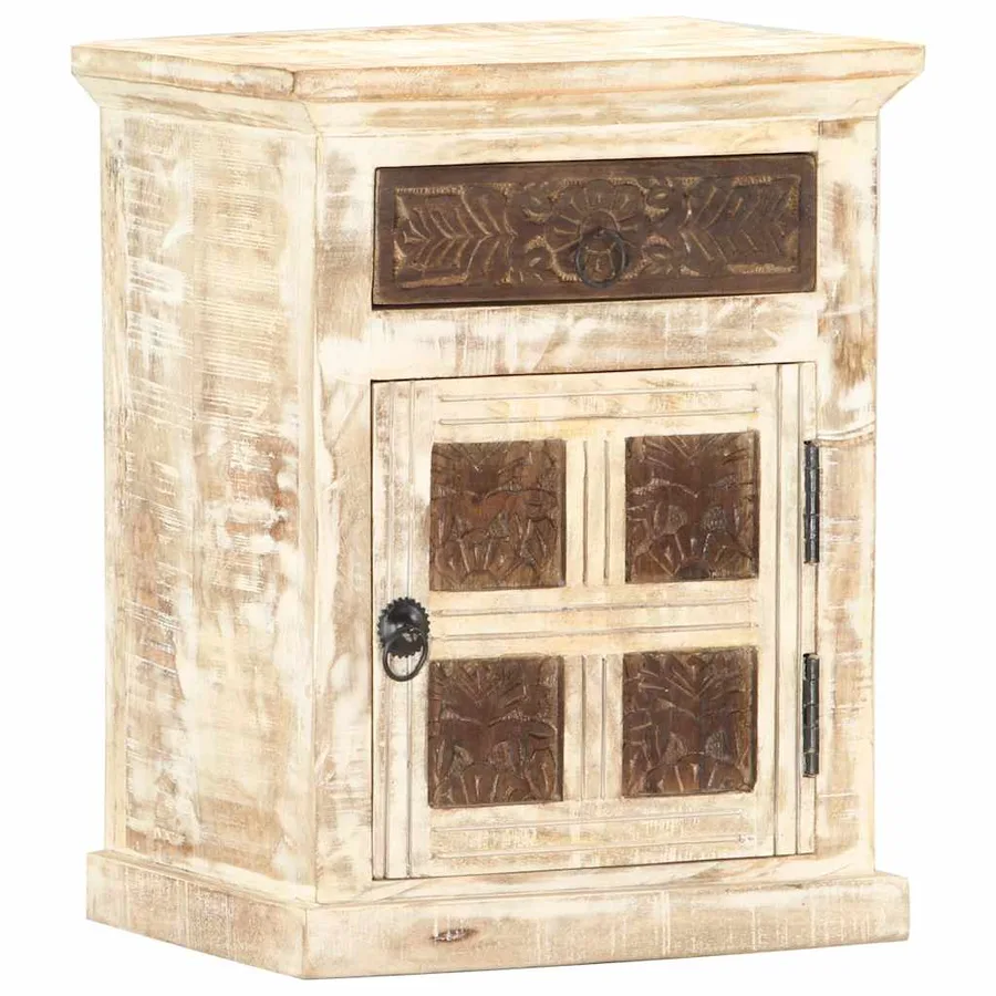 Table de chevet Blanc 40 x 30 x 50 cm Bois de manguier massif - 7