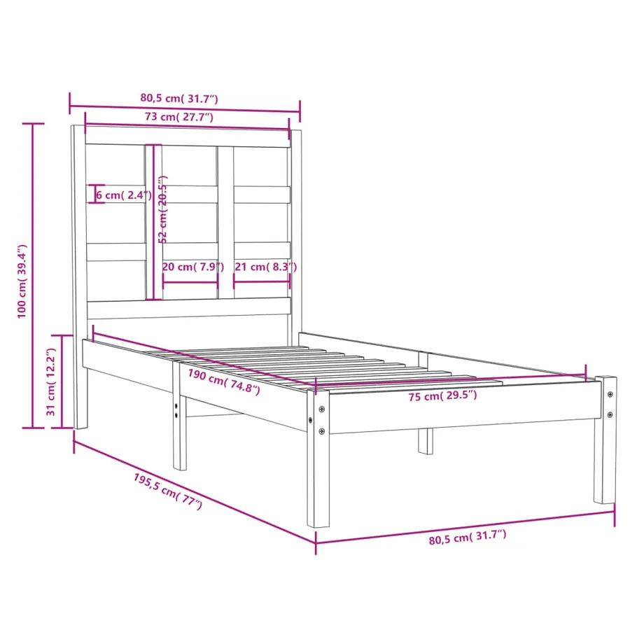 Cadre de lit sans matelas blanc 75x190 cm bois massif - 6