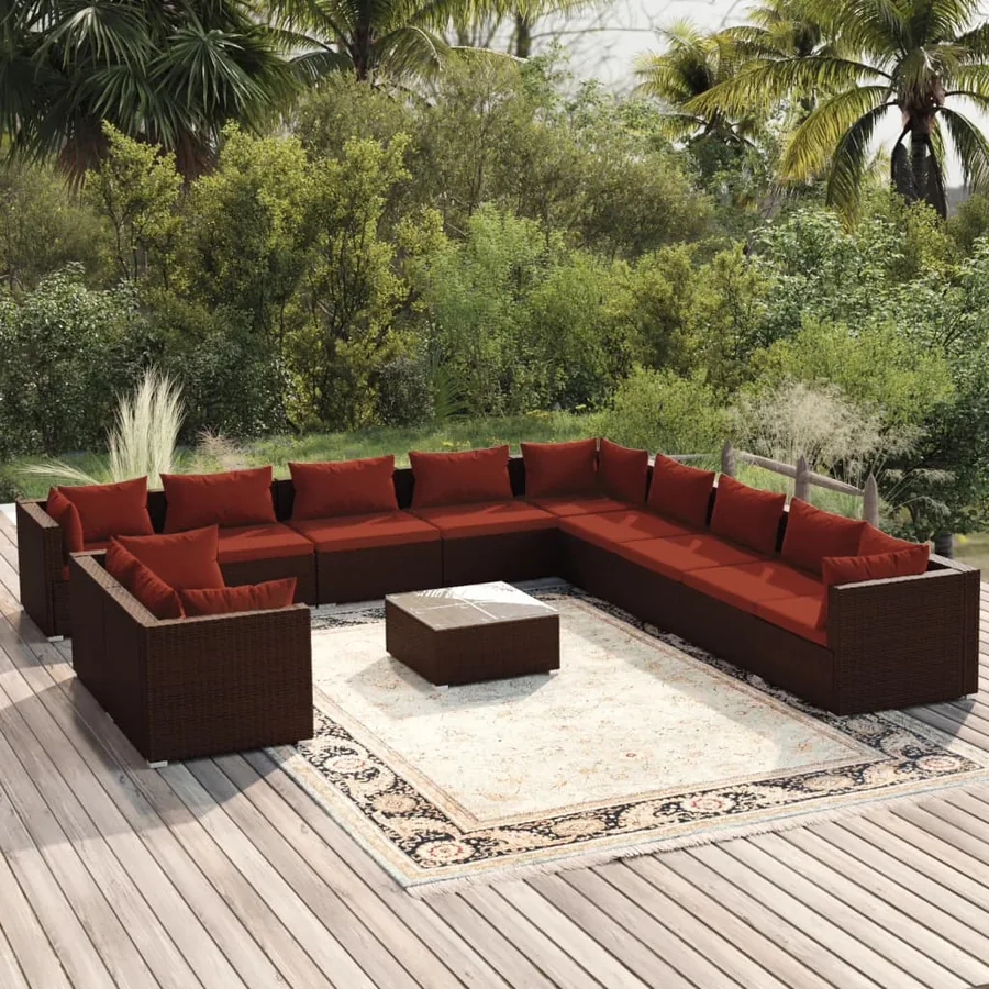 Salon de jardin 12 pcs avec coussins Marron Résine tressée