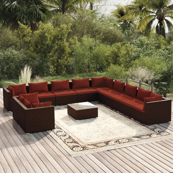 Salon de jardin 12 pcs avec coussins Marron Résine tressée