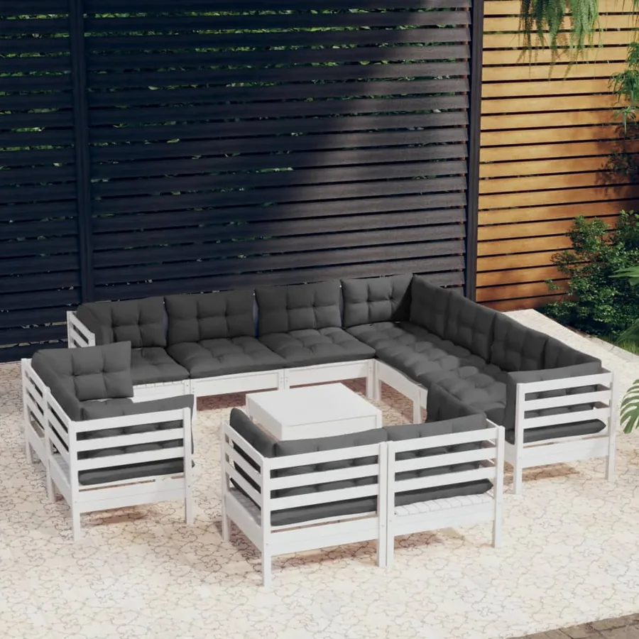 Salon de jardin 12 pcs avec coussins blanc bois de pin solide