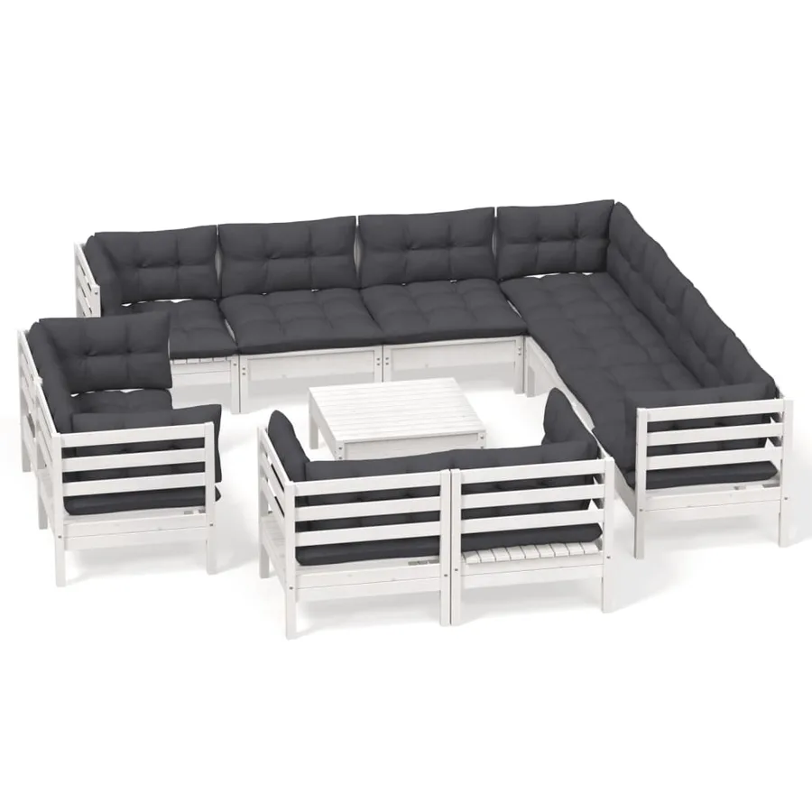 Salon de jardin 12 pcs avec coussins blanc bois de pin solide - 2