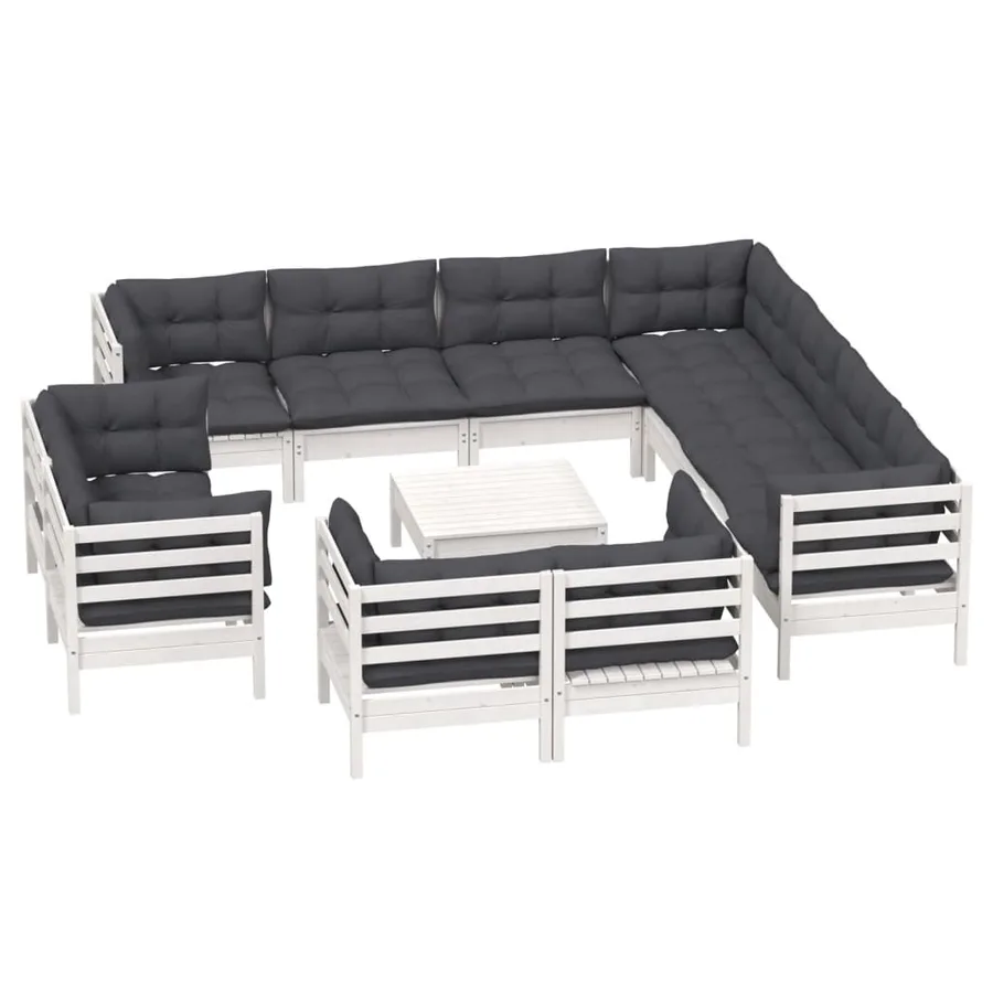 Salon de jardin 12 pcs avec coussins blanc bois de pin solide - 3
