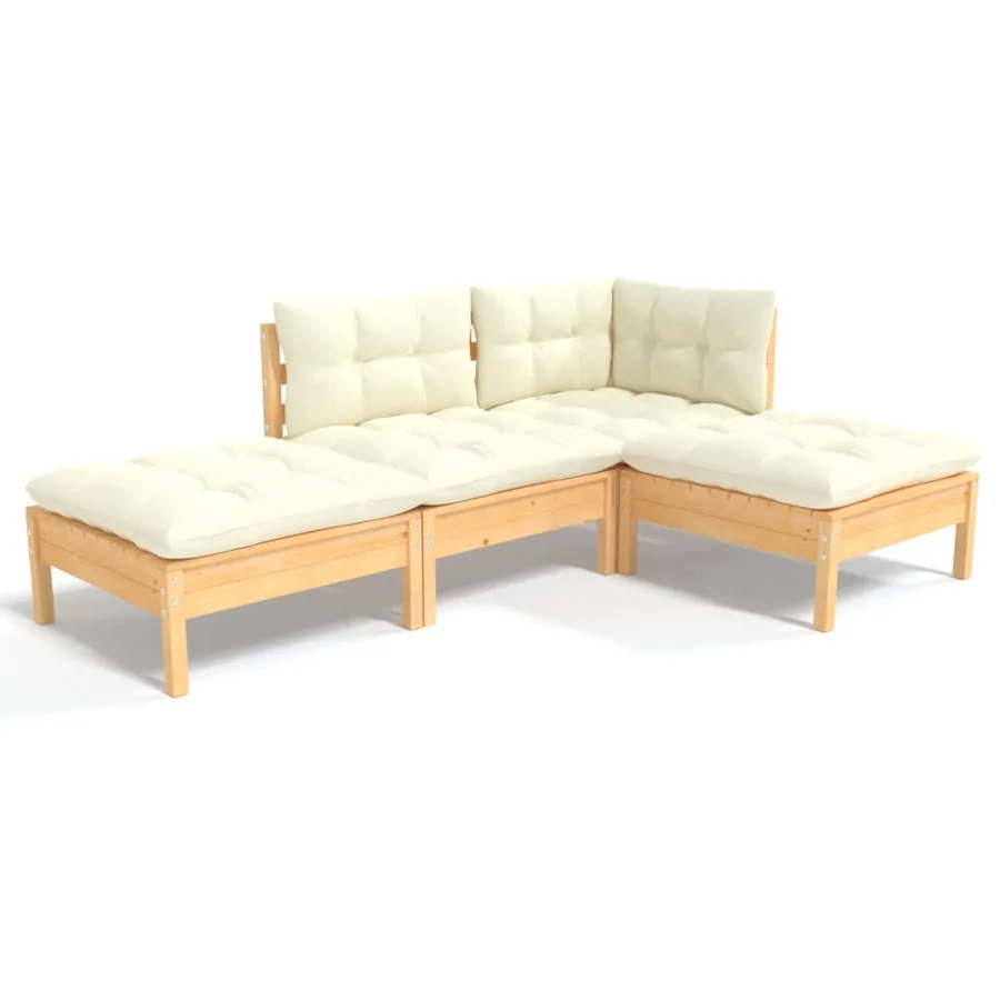 Salon de jardin 4 pcs avec coussins crème Bois de pin massif - 2