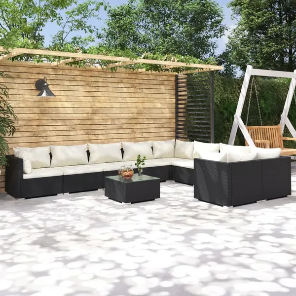 Salon de jardin 10 pcs avec coussins Résine tressée Noir