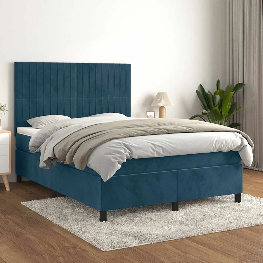 Sommier à lattes de lit et matelas Bleu foncé 140x190cm Velours