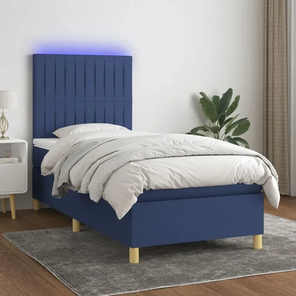 Sommier à lattes de lit et matelas et LED Bleu 80x200cm Tissu