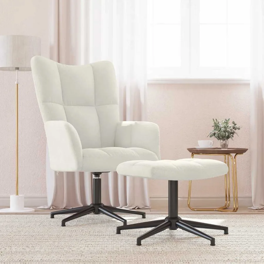 Chaise de relaxation avec tabouret Blanc crème Velours