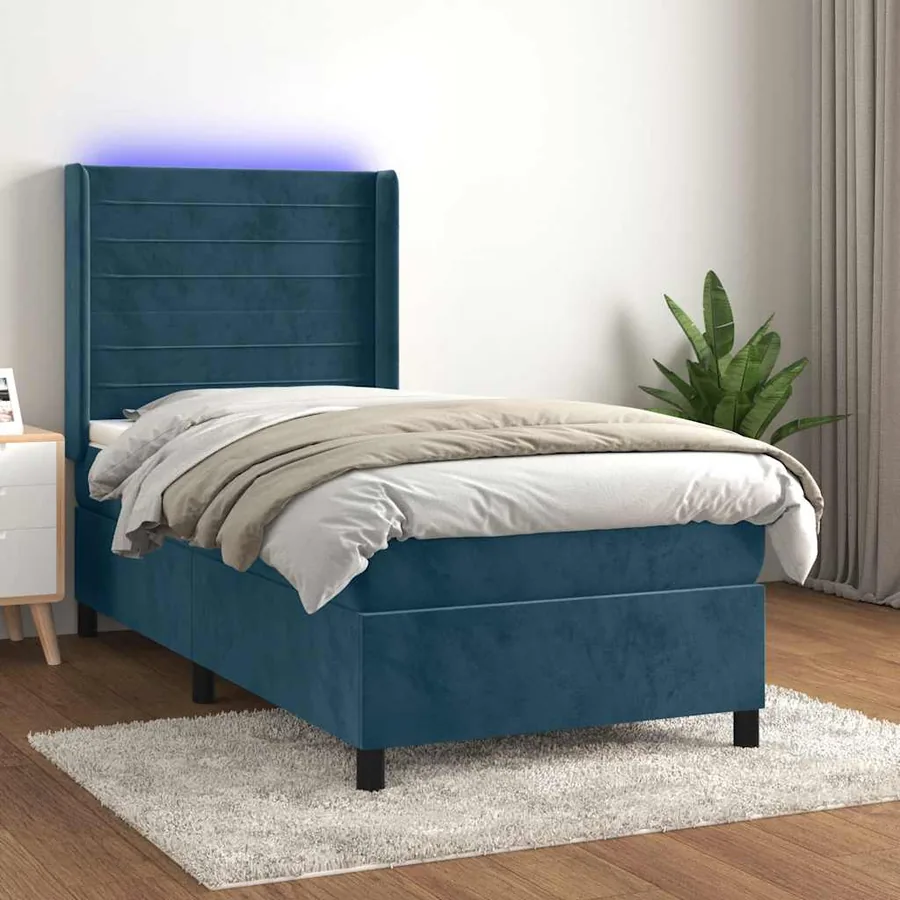 Sommier à lattes de lit et matelas et LED Bleu foncé 90x200cm