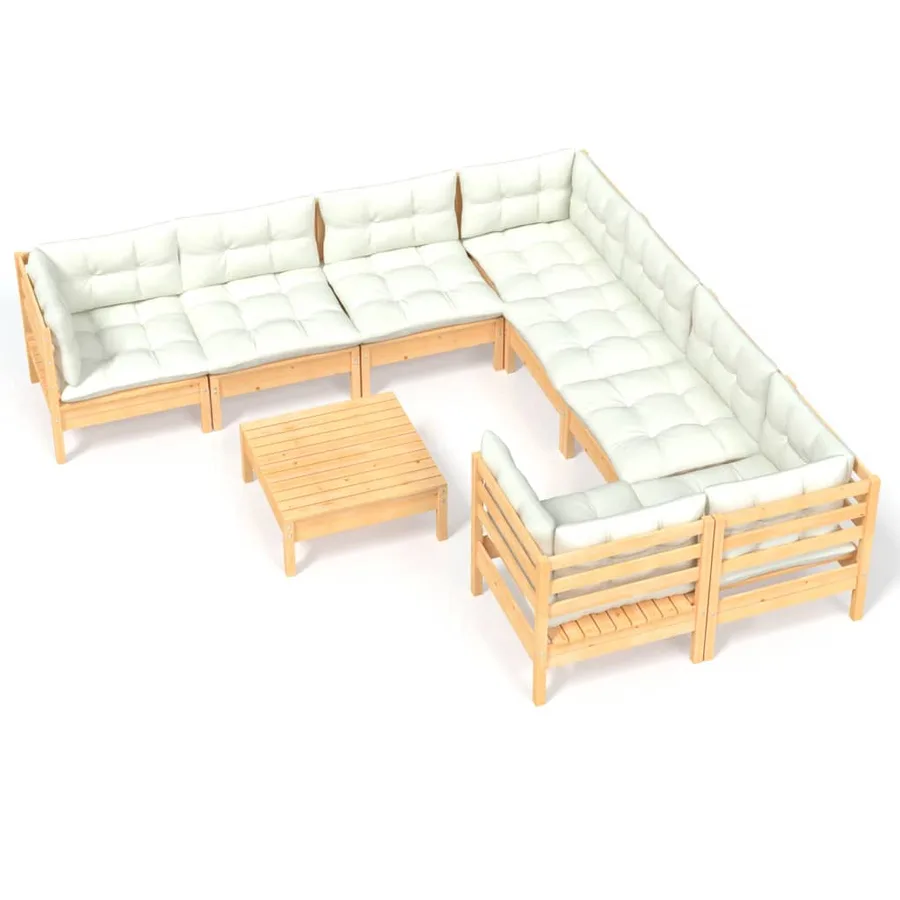Salon de jardin 9 pcs avec coussins crème bois de pin - 2