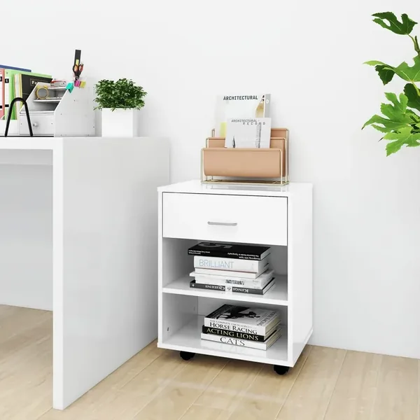 Armoire à roulettes Blanc brillant 46x36x59cm Bois d’ingénierie