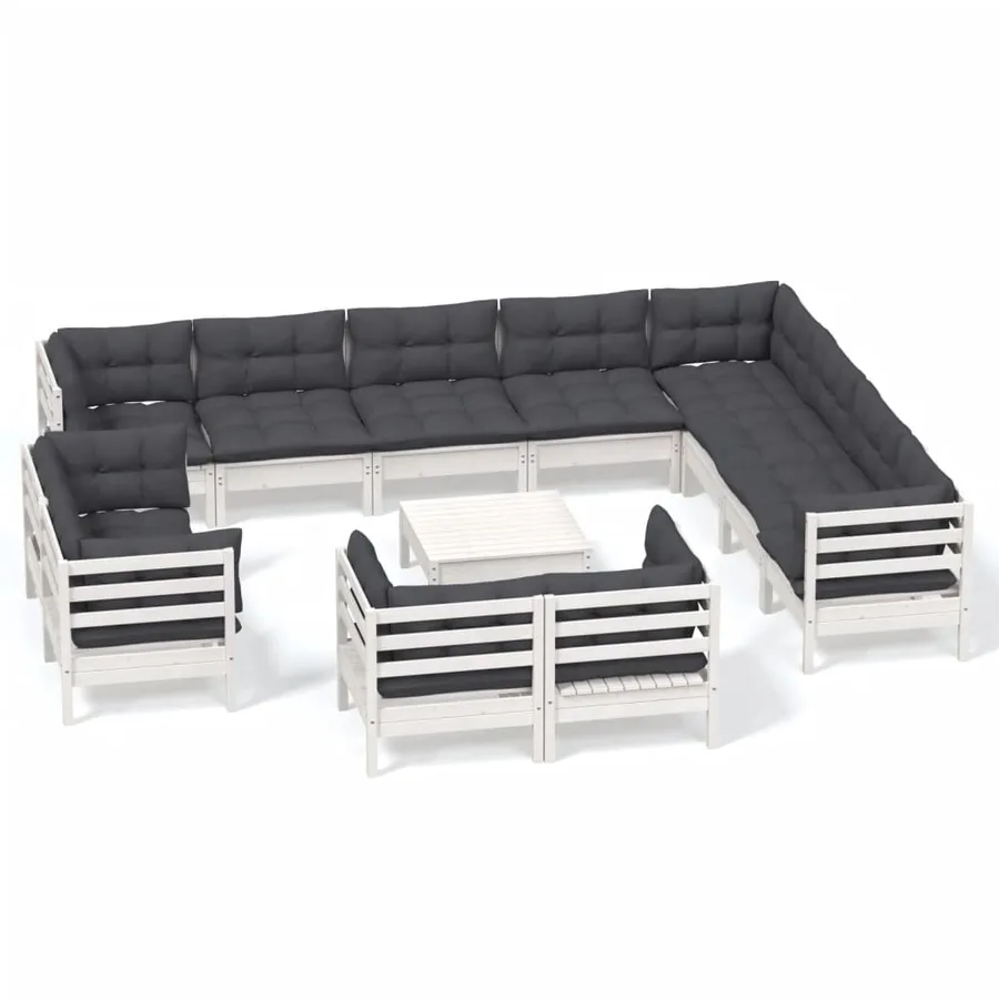 Salon de jardin 13 pcs avec coussins blanc bois de pin solide - 2